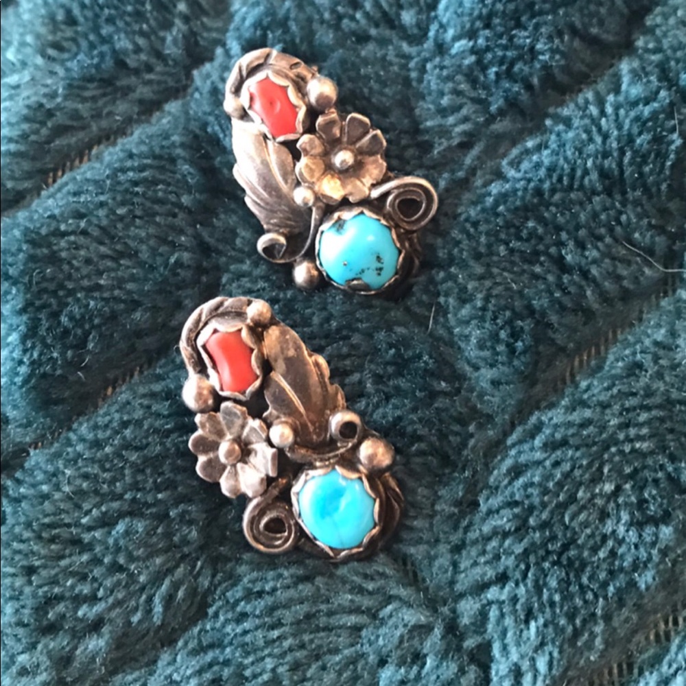 Vintage Turquoise & Coral Sterling Studs